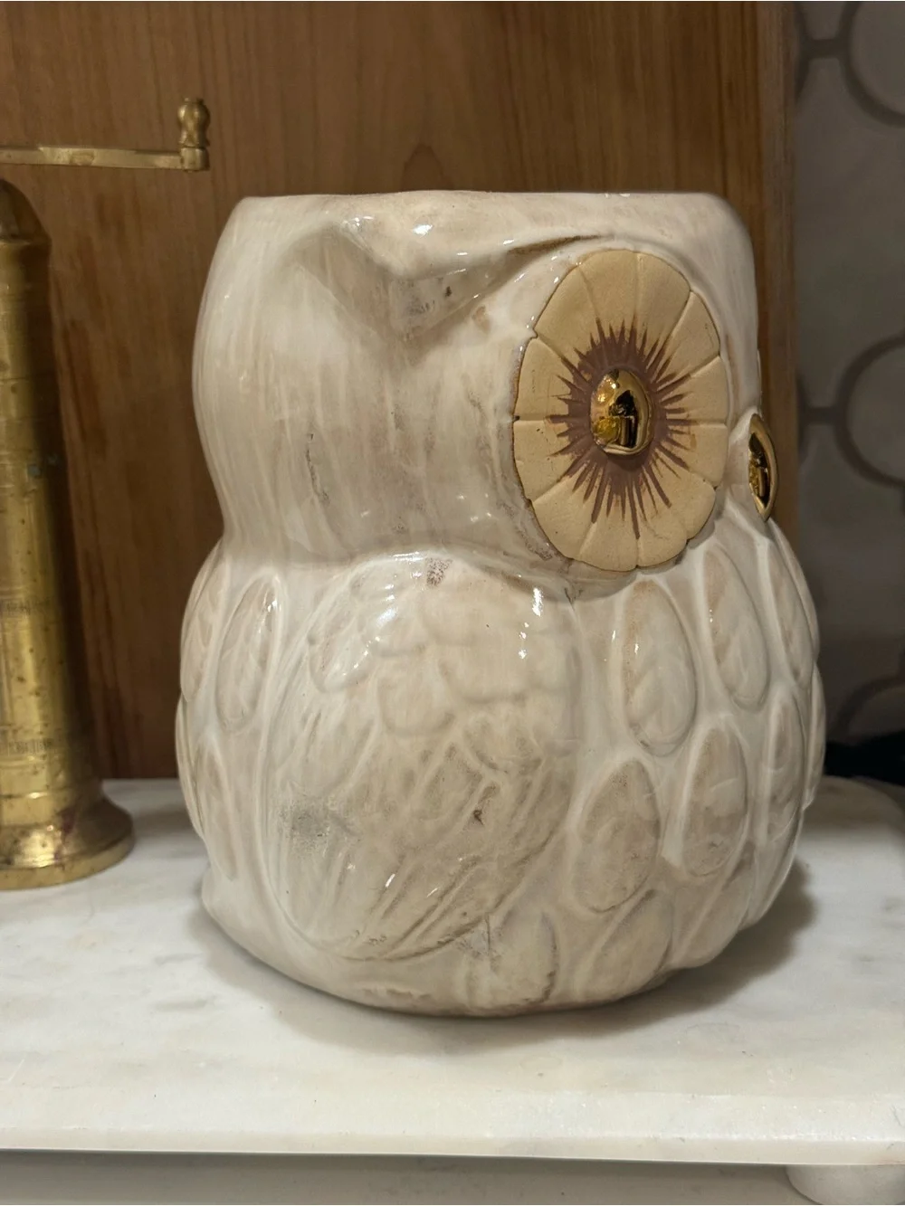 World Market Ceramic Owl Cookie Jar, Light Brown/ Cream with Gold